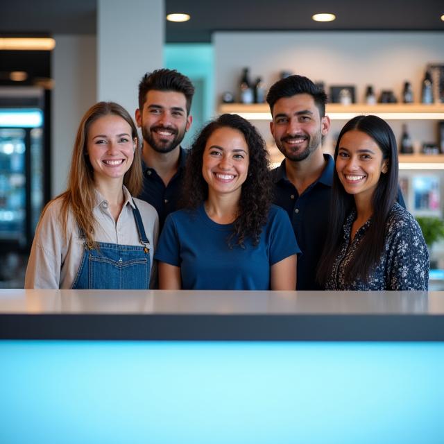 An fhoireann chairdiúil ag Dublin Tech Hub ina seasamh taobh thiar den chuntar, ag gáire.